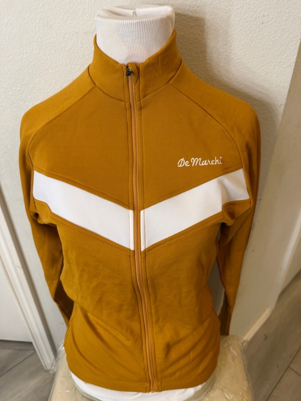 De Marchi Mustard Yellow Zip-Up Cycling Jacket with White Chevron